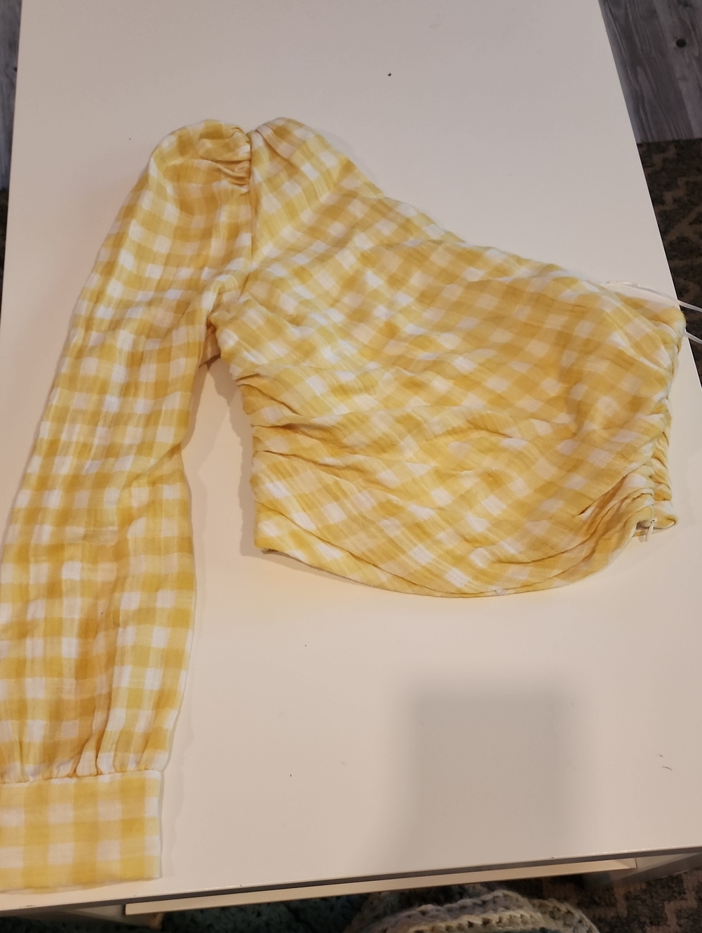 Zara Yellow and White Gingham One-Shoulder Top